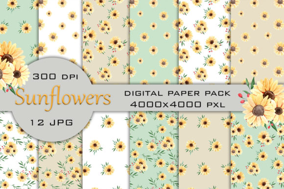 Watercolor Sunflower Digital Paper Pack