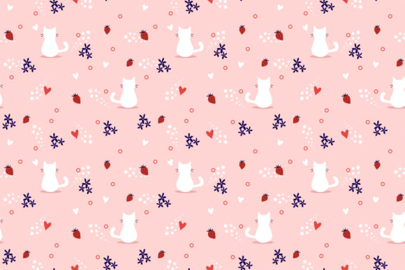 White Cat and Strawberry Seamless Pattern