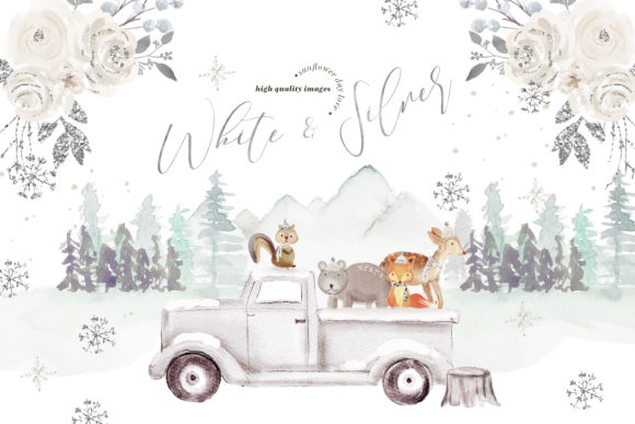 Winter White Floral Woodland Clipart